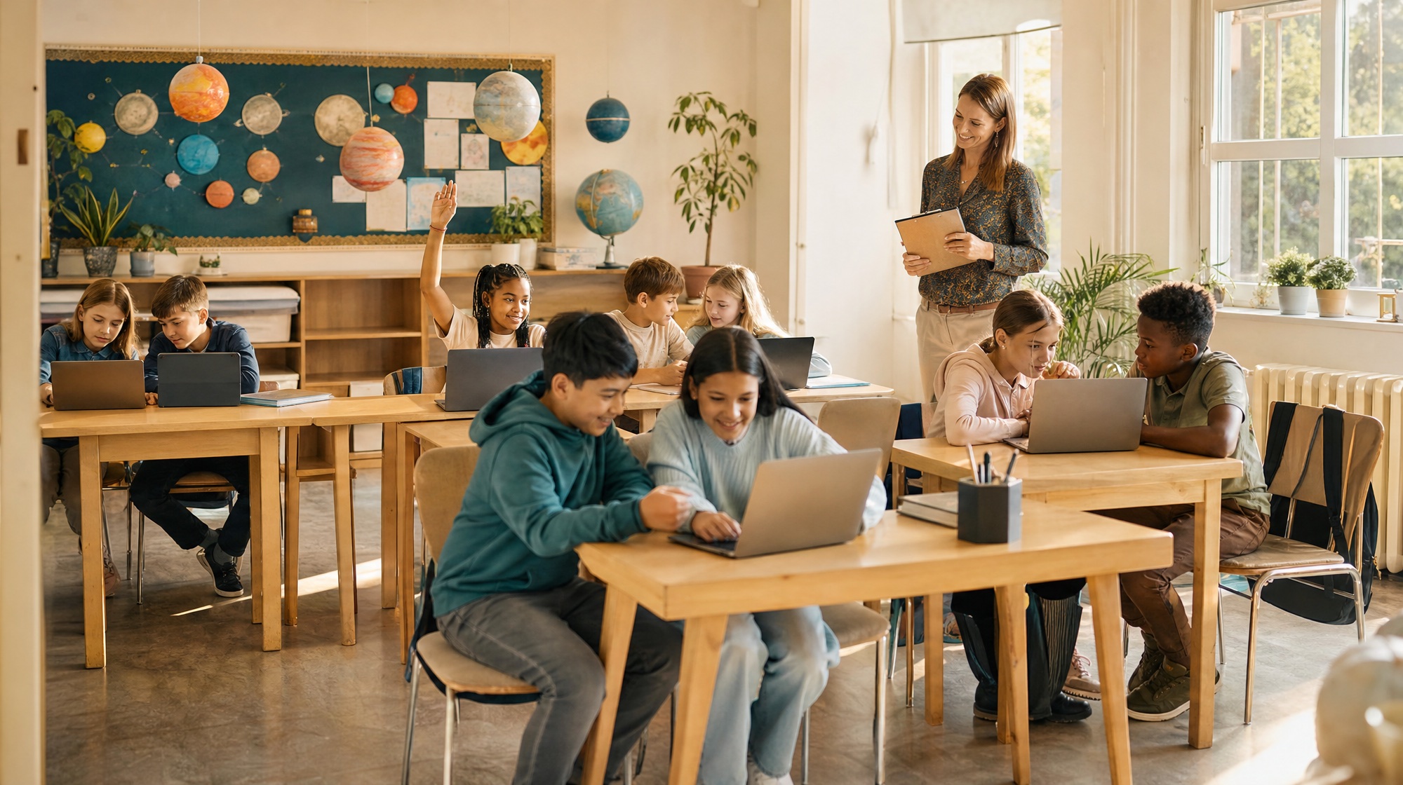 Children work in pairs at laptops while a teacher with a clipboard observes from the back of the classroom.