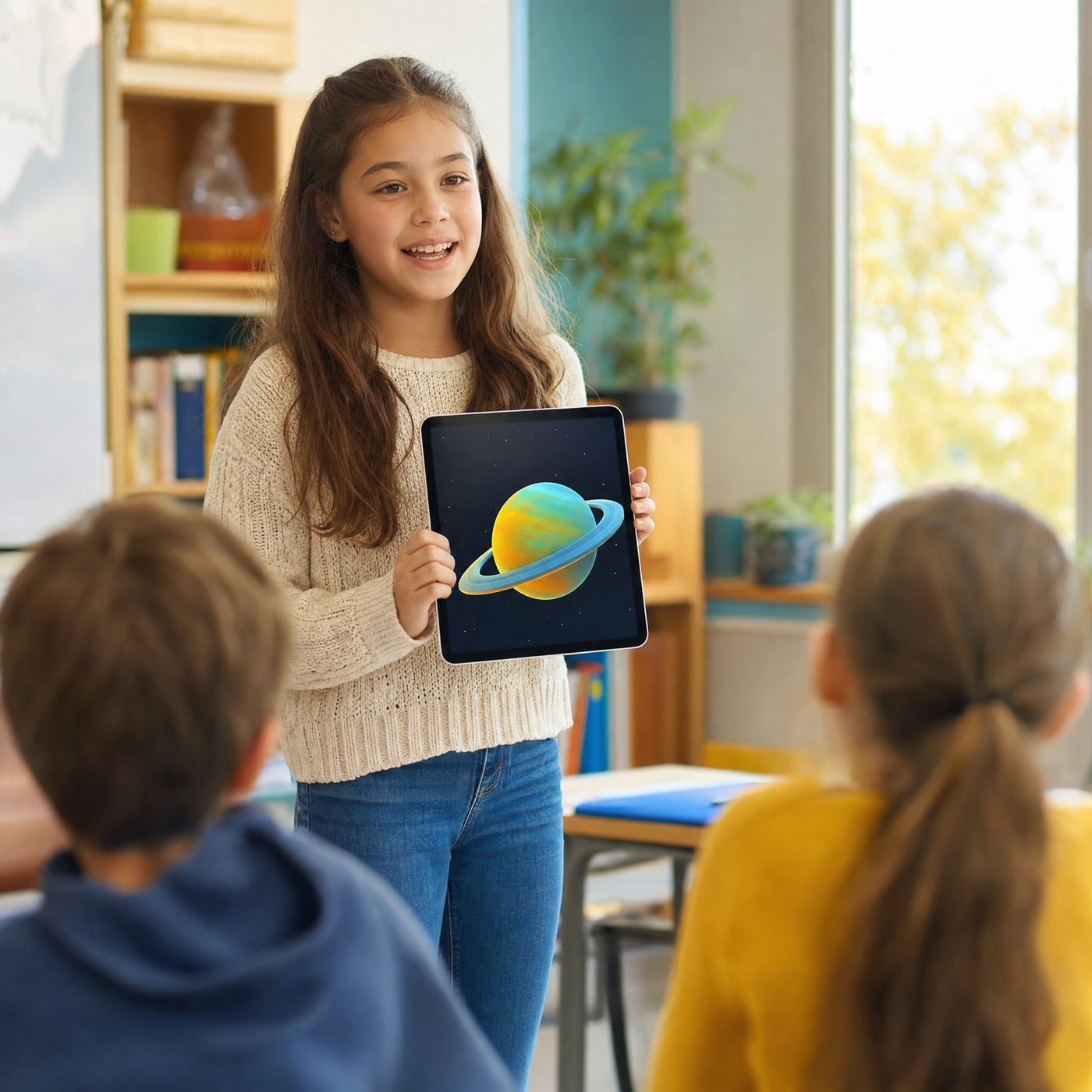 A girl at the front of the class holds up a tablet showing the planet she designed.