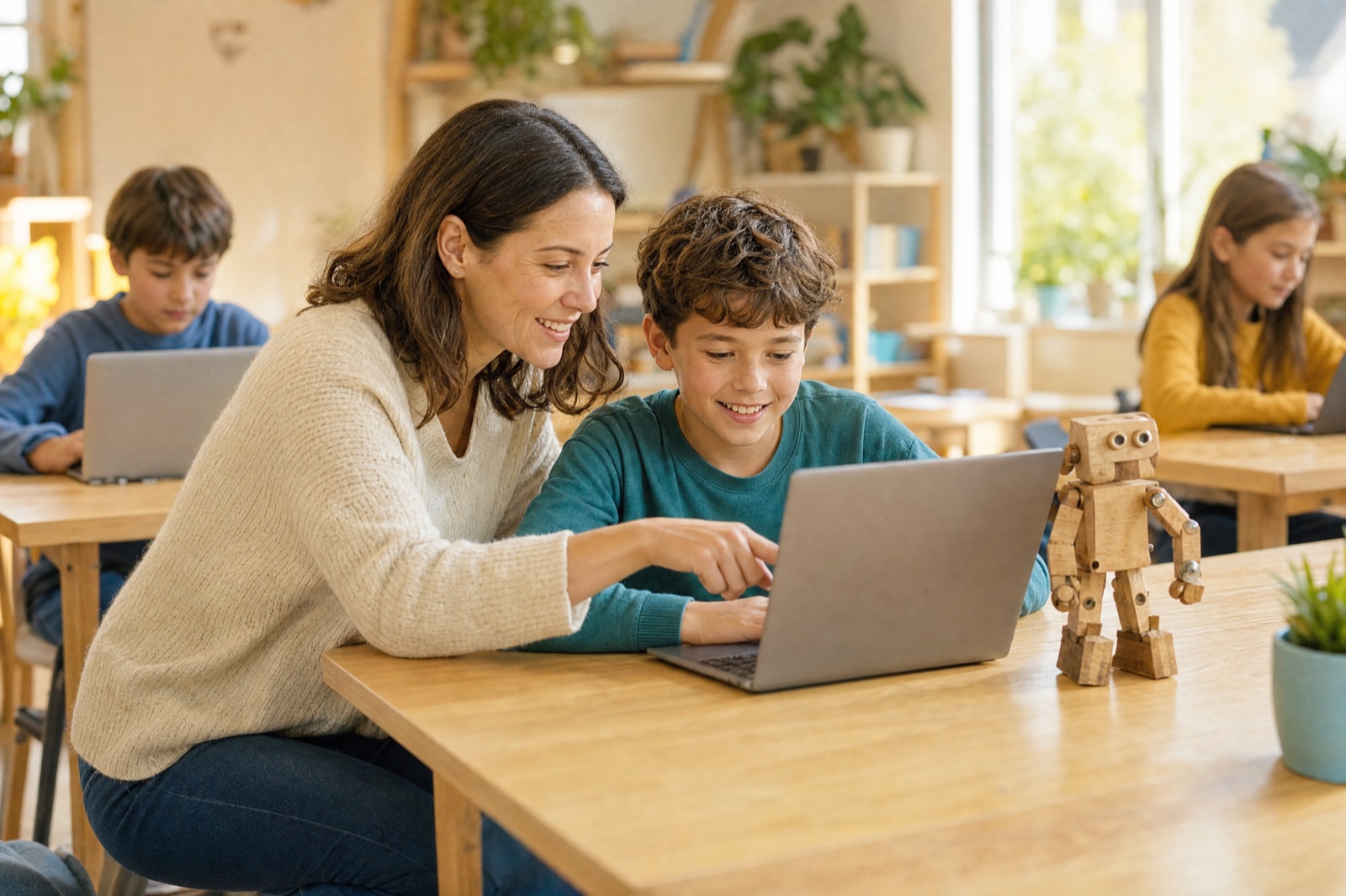 An instructor kneels beside a pupil at a laptop, both smiling at the screen.