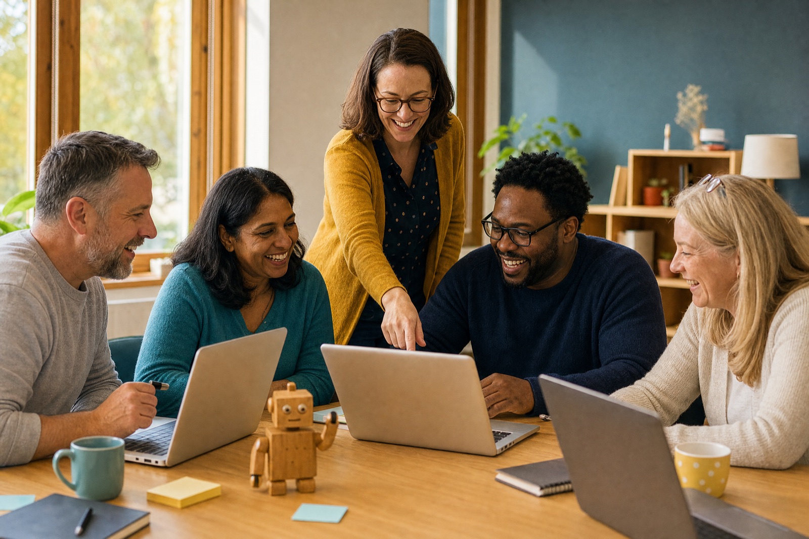 Educators around a table try an AI Lab activity together as learners, while a facilitator points at a laptop.